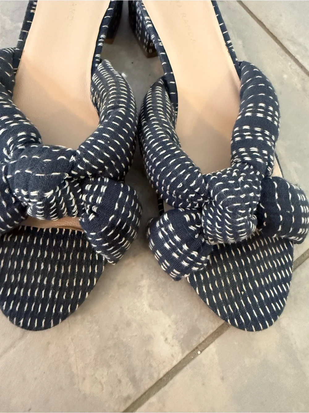 Loeffler Randall Elsie Blue White Woven Boho Fabric Block Heel Sandals Slides 9 - Picture 5 of 10